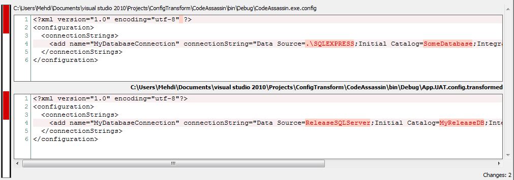 CodeAssassin's result compared with the original app.config